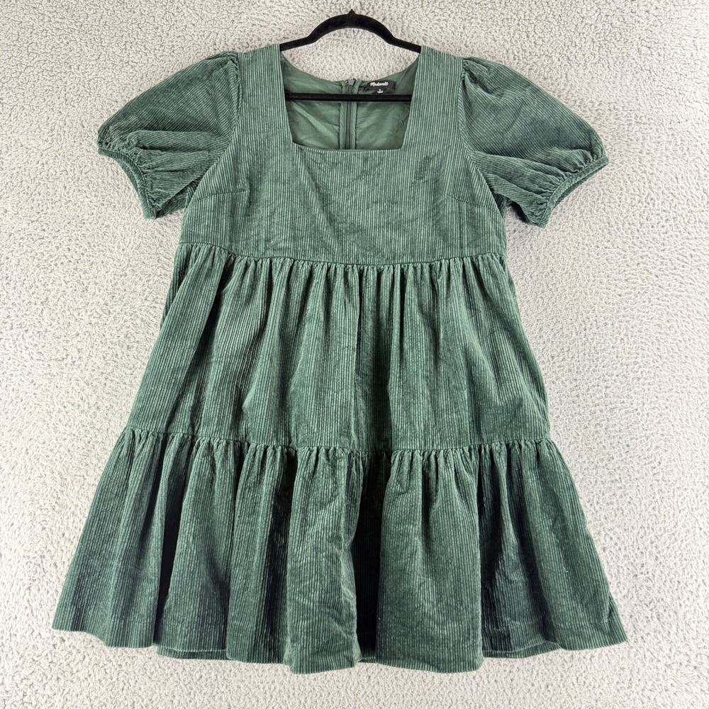 Madewell Corduroy Babydoll Dress Womens 8 Green Puff Sleeve Tiered Mini Boho - Picture 1 of 14